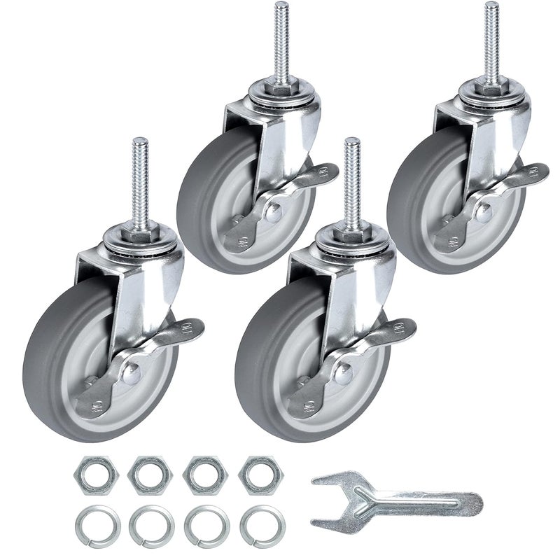 Finnhomy Caster Wheels 3 Inch Set of 4 Heavy Duty Threaded Stem Casters 5/16"-18x1-1/2 Swivel Rubber Industrial Castors Locking Wheels for Wire Shelving/Furniture/Carts Load Bearing 720 Lbs Gray - Image 1